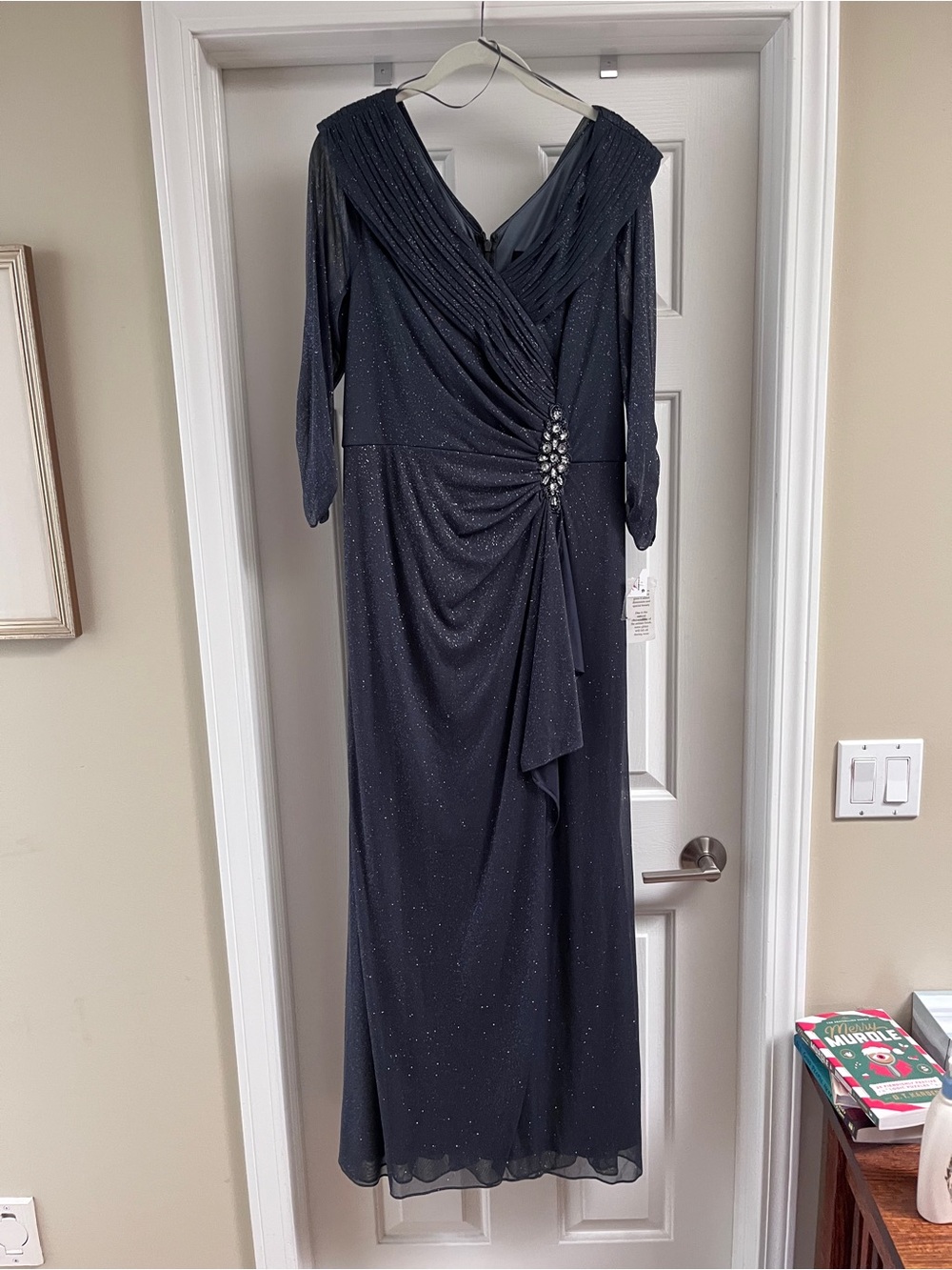 Alex Evenings Navy Sparkle Draped Gown with Brooch